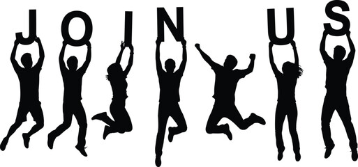 Join Us word held by jumping people silhouettes vector illustration, a group of diverse figures celebrating, symbolizing recruitment, invitation, teamwork, and business cooperation isolated o