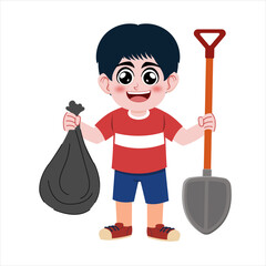 Boy Holding Trash Bag and Shovel
