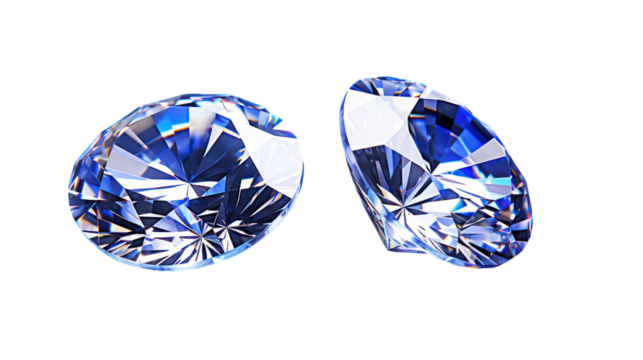 Two faceted blue gemstones isolated on transparent background