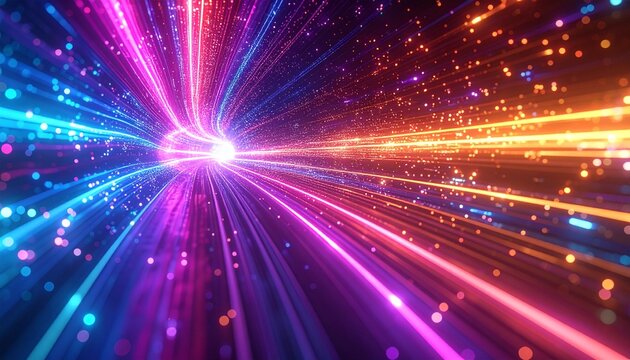 High-speed journey through a vibrant neon light vortex representing digital communication and futuristic technology