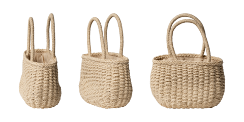 Set of handwoven natural jute basket tote bags isolated on transparent PNG. High quality studio shot.