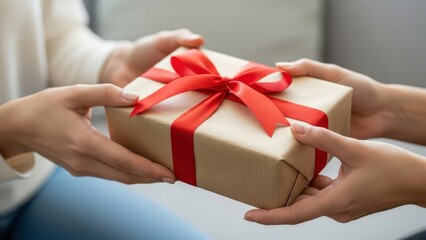Closeup of two people exchanging a gift box wrapped in light brown paper and tied with a bright red ribbon, symbolizing giving and receiving presents during a celebration or special occasion