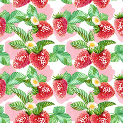 Elegant seamless pattern featuring red strawberries, green leaves, and small white flower. Juicy, ripe berries form endless pattern against background of abstract pink spots. Watercolor illustration