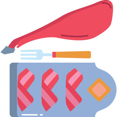 Stylized Illustration of Sliced Ham and Bacon on a Blue Cutting Board with a Fork and Knife on a White Background Minimalist Food Preparation Concept