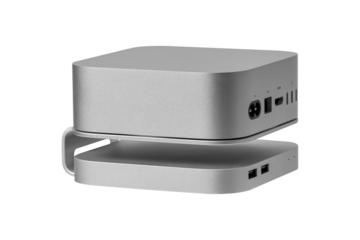 Modern PC with external SSD drive isolated on transparent PNG.