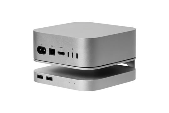 Modern PC with external SSD drive isolated on transparent PNG.