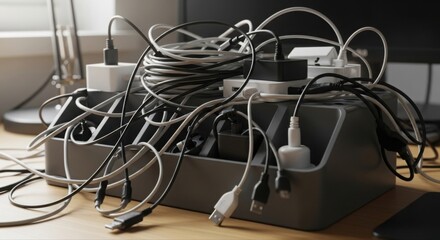 Tangled Mess of Electronic Charging Cables and Adapters