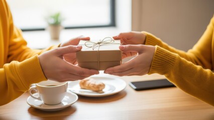 Closeup of two people exchanging a small, wrapped gift box over a table with coffee and a pastry, symbolizing giving, receiving, friendship, or celebration