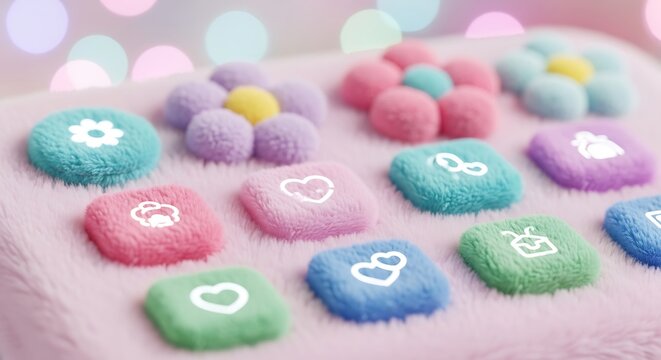 Pastel colored fluffy squares and flowers on a pink blanket background - Powered by Adobe