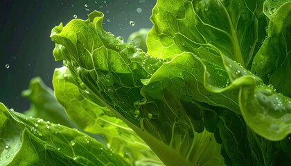 Fresh lettuce with water droplets, macro view