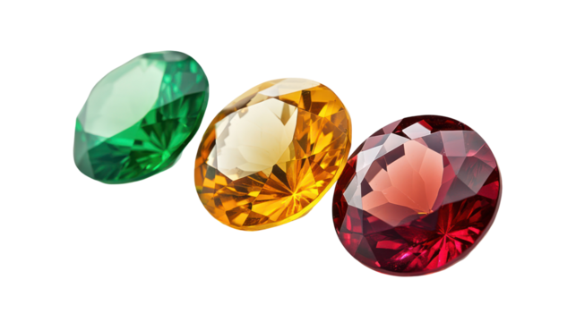 Three oval cut gemstones emerald citrine and ruby isolated on transparent background