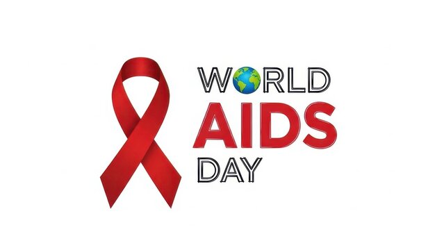 World aids day graphic featuring a prominent red awareness ribbon next to the text world aids day with a small globe icon replacing the o in world, isolated on white background - Powered by Adobe