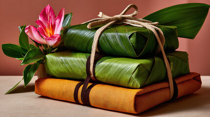 Beautifully wrapped gifts in vibrant green and orange materials are adorned with pink flower and leaves, creating festive atmosphere