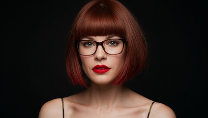 A woman with striking red hair and glasses looks directly at the camera with a bold, red lip color