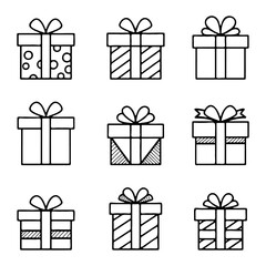 Collection of Nine Hand Drawn Outline Gift Boxes Present Doodle Set