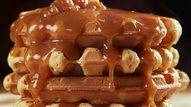 Decadent stack of golden-brown Belgian waffles generously smothered in a rich, flowing caramel sauce, creating an irresistible sweet treat for breakfast or dessert