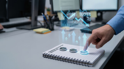 AI investment concept with business loss graph and futuristic digital interface on notebook with hand pointing on button