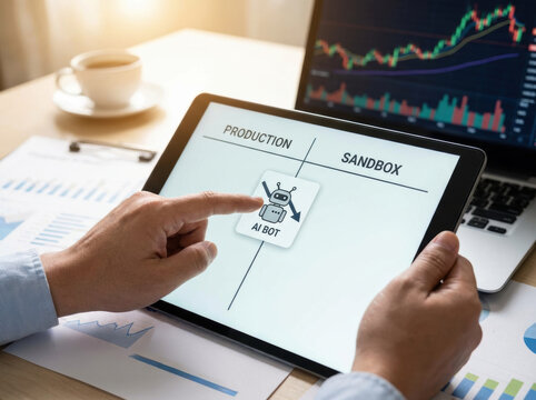 AI bot investment loss concept on tablet screen with financial chart and coffee cup on office desk