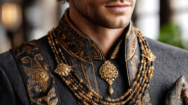 Elegant attire adorned with intricate jewelry showcases blend of tradition and style, perfect for sangeet night celebration