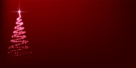 Red Christmas greeting with a lighted Christmas tree.Vector ilustrtaion