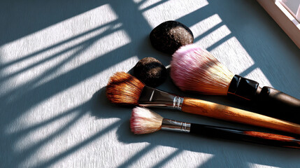 Art therapy session with brushes and stones creates serene atmosphere for solo creativity and self expression