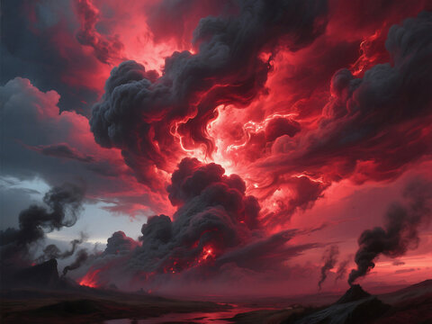 Dramatic volcanic landscape with fiery red sky and plumes of smoke, perfect for fantasy novels, disaster movie posters, and powerful environmental stories