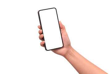 Hand holding a smartphone isolated on transparent PNG.