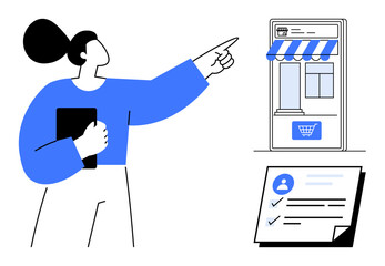 Woman pointing to online store interface, holding a tablet. Verification checklist indicates tasks completed. Ideal for e-commerce, online shopping, digital marketing, customer service, business