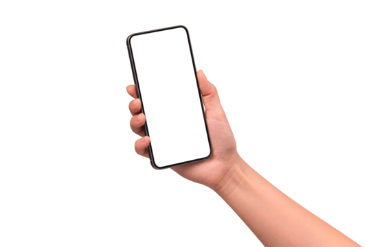 Hand holding a smartphone isolated on transparent PNG.