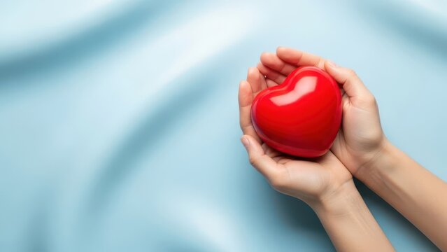 Closeup of a pair of cupped hands gently holding a shiny, bright red heart shape against a soft, light blue, draped fabric background, symbolizing love, care, and health awareness