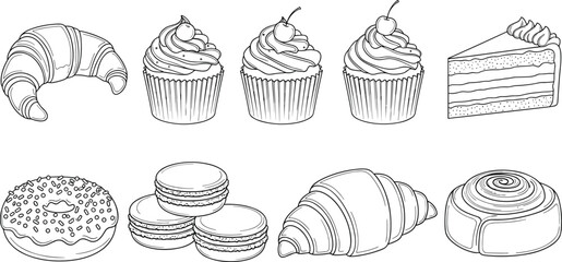 croissant, cupcake, cake slice, donut, macaron, cinnamon roll, pastry illustration, dessert drawing, bakery sketch, sweet food art