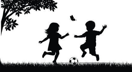 Children silhouette playing soccer outdoors on grassy field under tree with joyful movement, nature background, playful childhood moment and active lifestyle scene