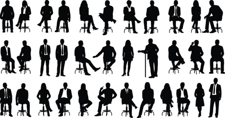 Large set of diverse seated and standing business people silhouettes, representing audience members, professional staff, communication, and corporate waiting figures.