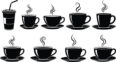 Hot beverage icons, coffee cup silhouettes, steaming tea mugs, takeaway drink illustration, minimal style, black blue design, cafe branding