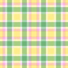 Seamless pastel gingham plaid pattern in sunny yellow, spring green, and blush pink. Cheerful tartan textile background perfect for Easter, summer, baby, party invitations, and digital scrapbooking.