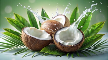 Fresh Coconuts with Milk Splash and Leaves