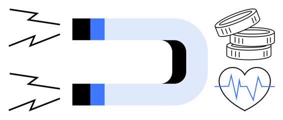 Horseshoe magnet radiating energy, connected to coins stack and heartbeat symbol. Ideal for finance, health, attraction, energy, success, innovation simplicity. Clean flat metaphor