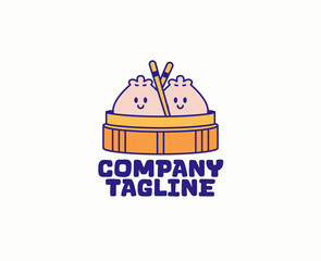 Dim sum logo with smiling dumplings inside a bamboo steamer and chopsticks cute character mascot