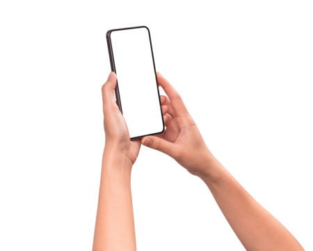 Hand using a smartphone isolated on transparent PNG.