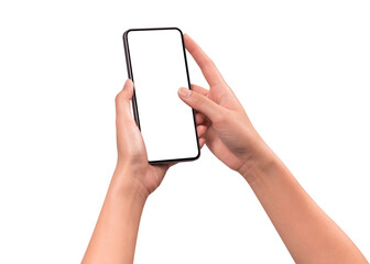 Hand using a smartphone isolated on transparent PNG.