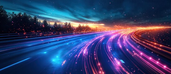 Glowing road at sunset, forest background; tech concept