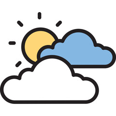 Stylized Illustration of Sun Peeking Through Fluffy White and Blue Clouds on a Clear Day Against a Transparent Background