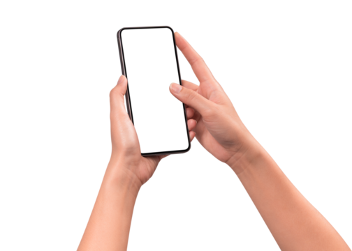 Hand using a smartphone isolated on transparent PNG.