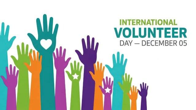 Colorful raised hands illustration celebrating international volunteer day on december 5th, symbolizing community service, support, and unity, isolated on white background