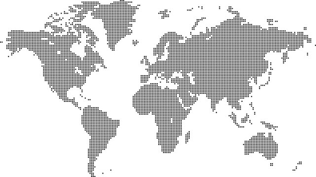 Dotted world map in a square shape. Continents with a dotted halftone pattern. Design for business and marketing materials representing continents and country with a unique square dot pattern