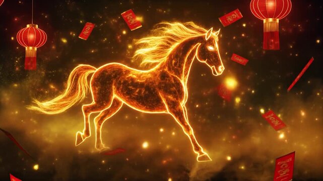 Fiery golden horse in Chinese lantern festival night sky animation art