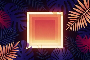Tropical background with glowing square frame and plants