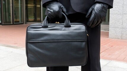 Naklejka premium Business professional holding a black briefcase in a modern urban setting during daytime