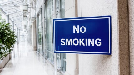 Obraz premium No smoking sign displayed in a modern indoor corridor during the daytime, emphasizing a smoke-free environment for visitors
