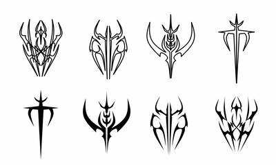 collection of symmetrical tribal emblems in clean black vector outlines. sharp fantasy shapes suitable for tattoos, streetwear graphics, esport logos, decals, and digital art projects